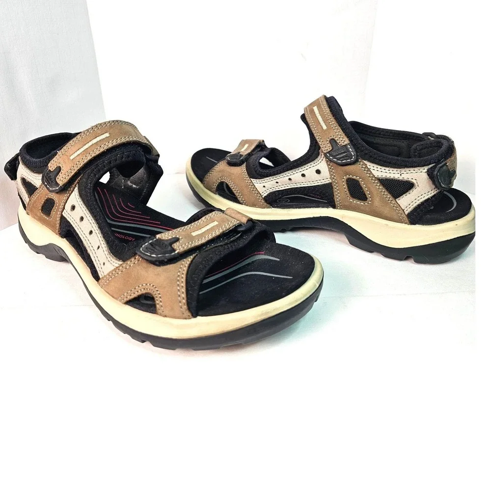 ECCO Yucatan Womens Brown Black Nubuck Leather Sport Sandals‎ 9.5 / 40